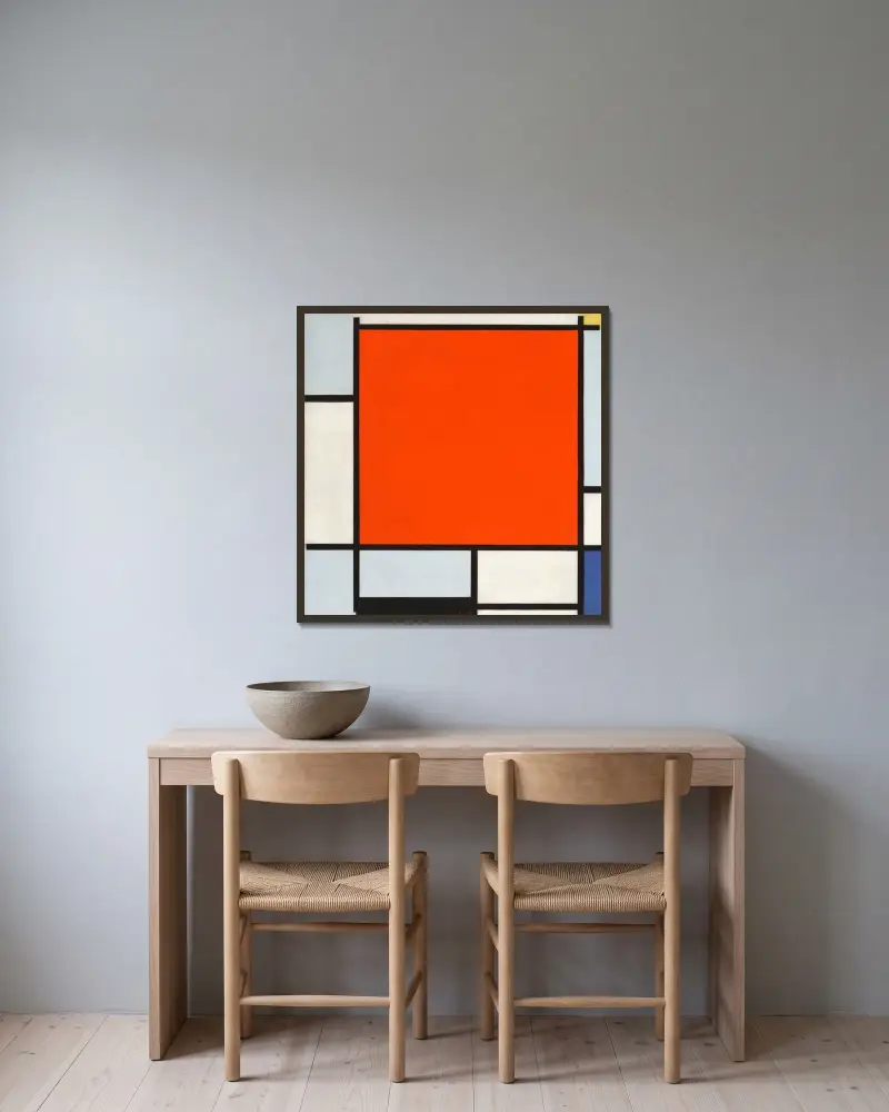 Komposition med stor röd plan, blågrått, gult, svart och blått av Piet Mondrian inramad på en vägg