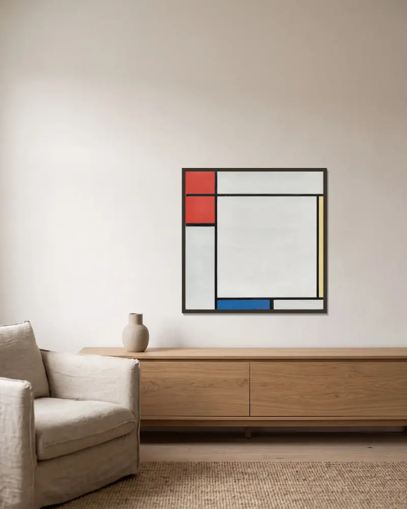 Composition with Red, Yellow, and Blue av Piet Mondrian inramad på en vägg