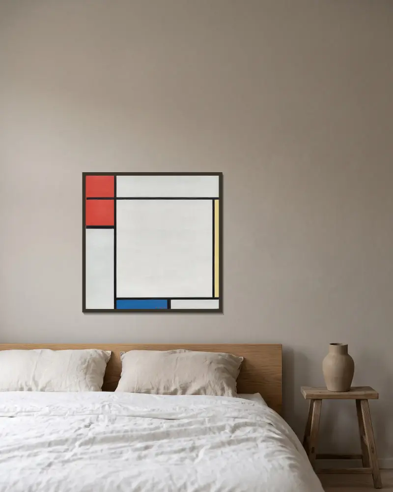 Composition with Red, Yellow, and Blue av Piet Mondrian inramad på en vägg