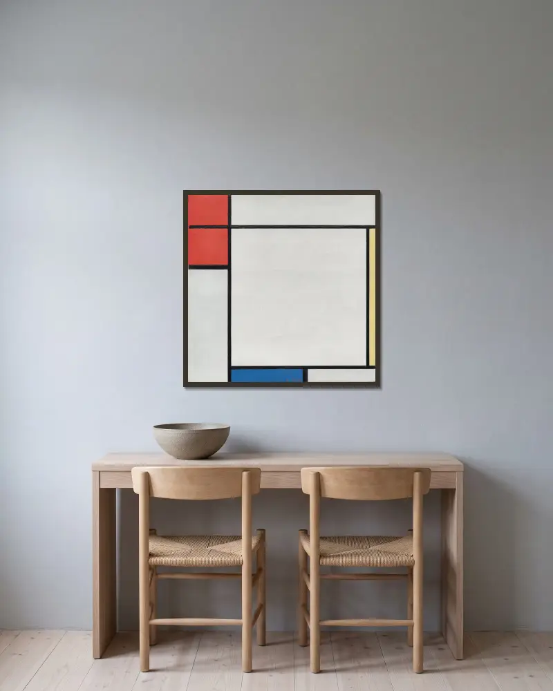 Composition with Red, Yellow, and Blue av Piet Mondrian inramad på en vägg
