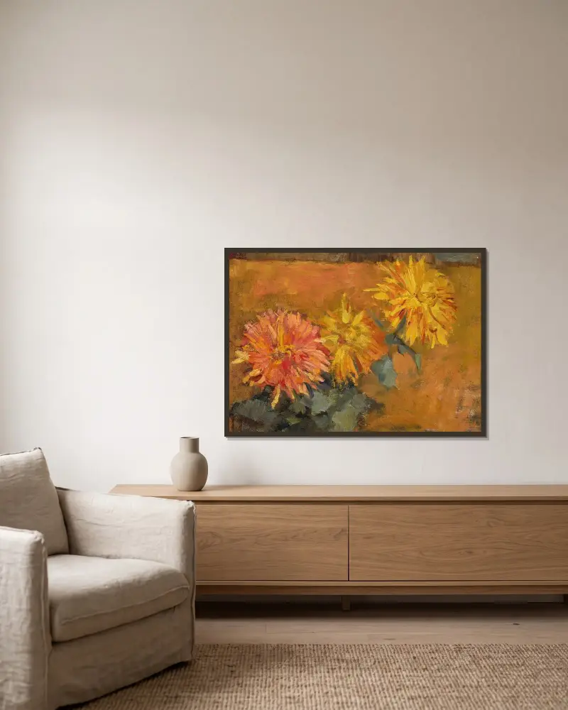 Drei Chrysanthemen von Piet Mondrian gerahmt an einer Wand