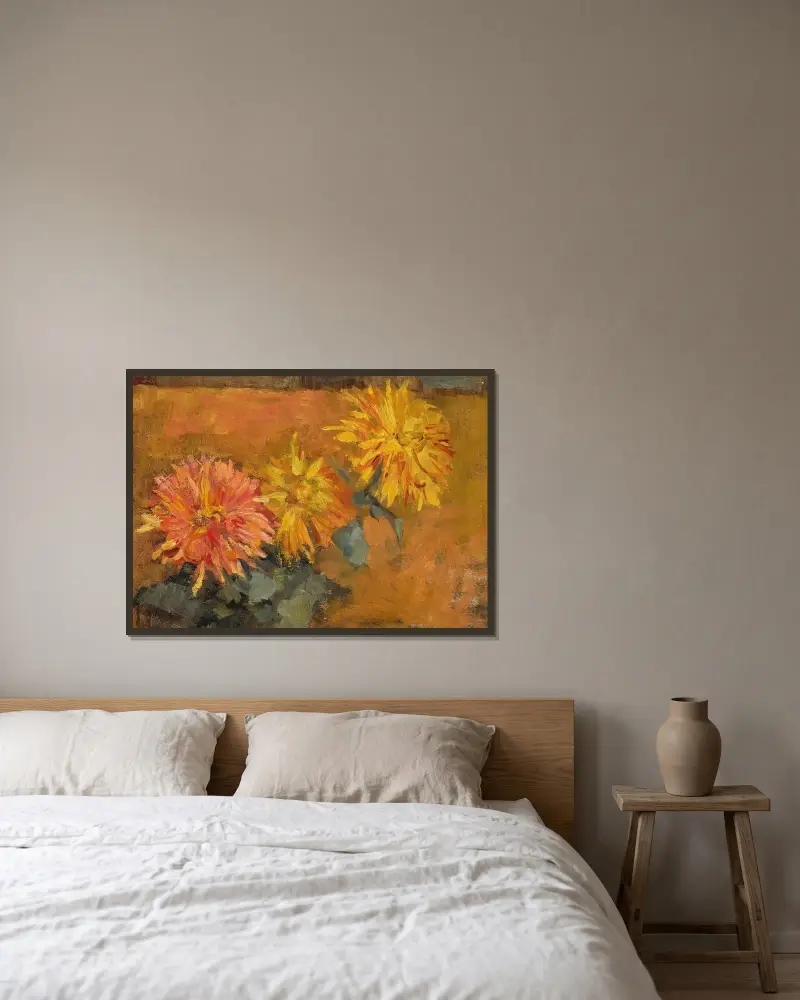 Drei Chrysanthemen von Piet Mondrian gerahmt an einer Wand