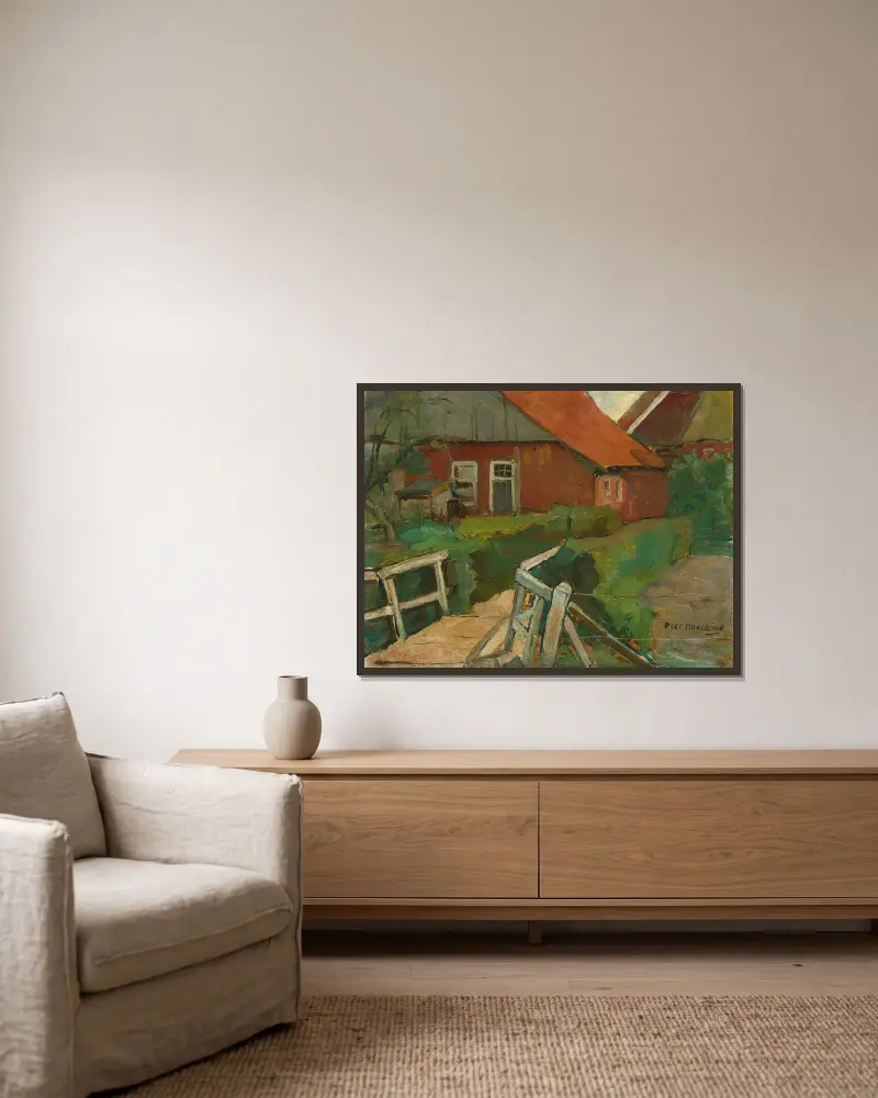 Bauernhof mit Brücke1899 von Piet Mondrian gerahmt an einer Wand
