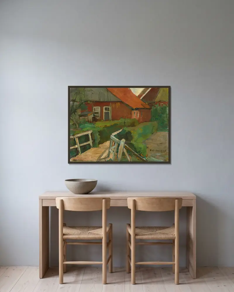 Bauernhof mit Brücke1899 von Piet Mondrian gerahmt an einer Wand