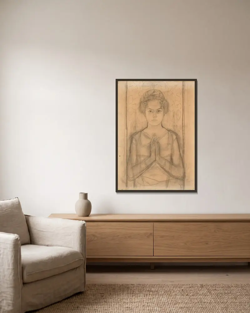 Kvinnlig torso med knäppta händer av Piet Mondrian inramad på en vägg