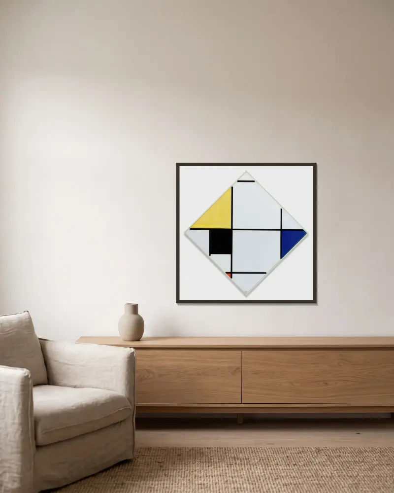 Rombkomposition med gult, svart, blått, rött och grått av Piet Mondrian inramad på en vägg