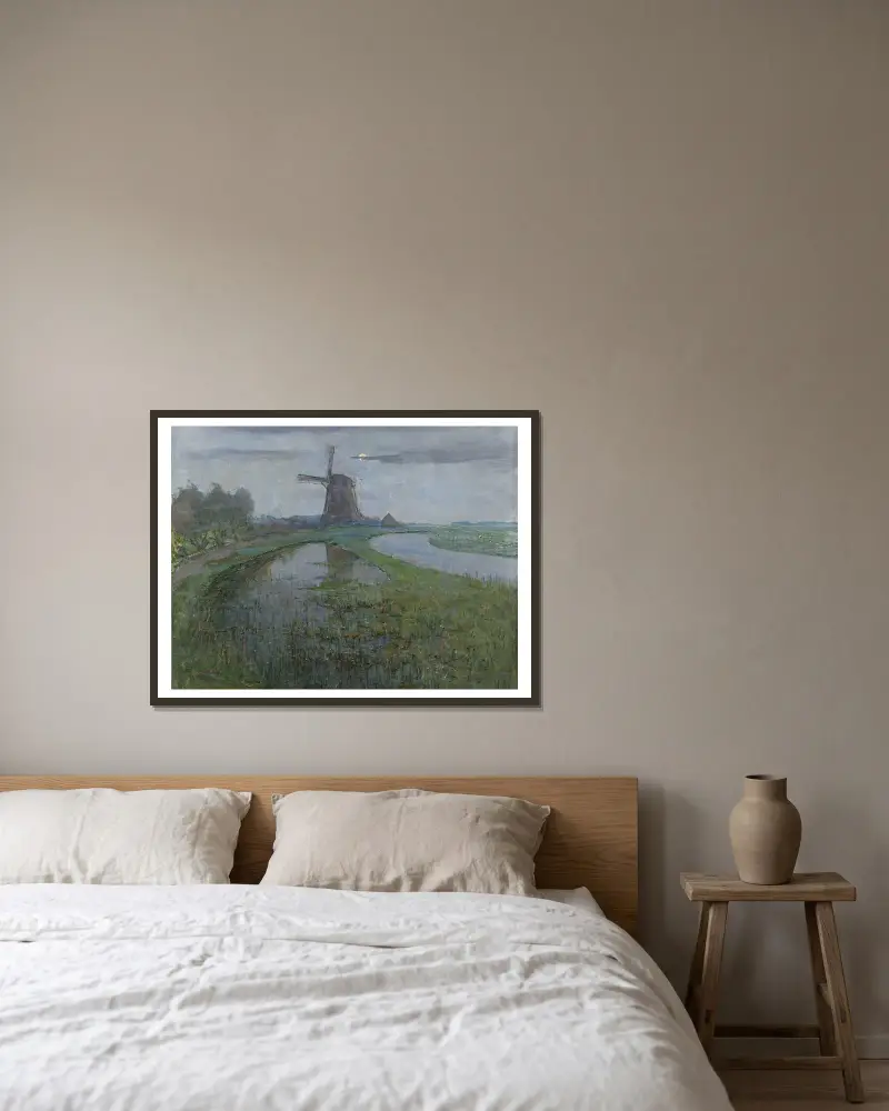 Oostzijdse kvarn vid floden Gein i månsken av Piet Mondrian inramad på en vägg
