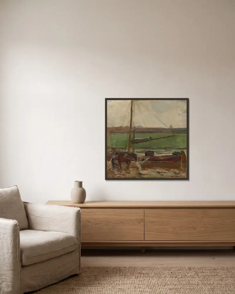Polder med förtöjd fraktskuta utanför Amsterdam II av Piet Mondrian inramad på en vägg