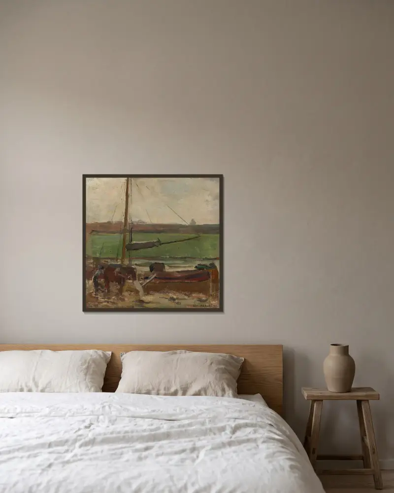 Polder med förtöjd fraktskuta utanför Amsterdam II av Piet Mondrian inramad på en vägg