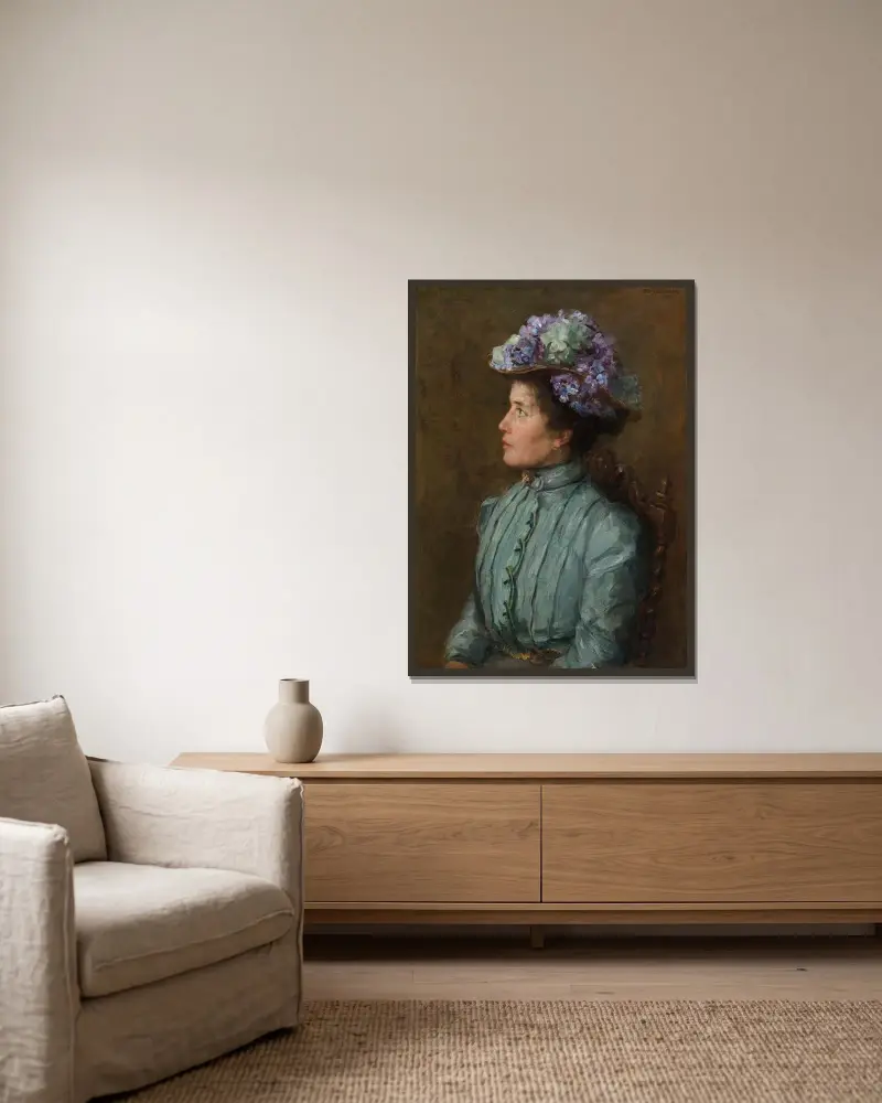 Porträtt av Elisabeth Sophia Maria (Betsy) Cavalini av Piet Mondrian inramad på en vägg