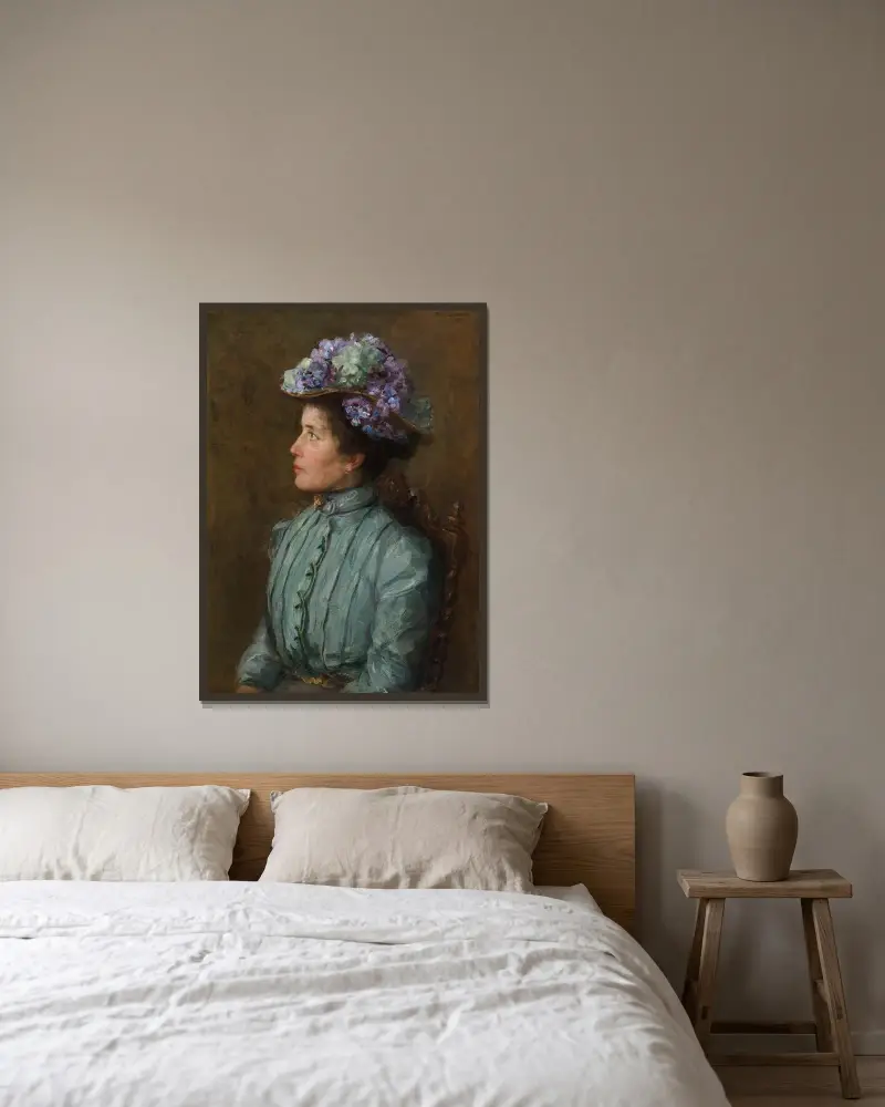 Porträtt av Elisabeth Sophia Maria (Betsy) Cavalini av Piet Mondrian inramad på en vägg