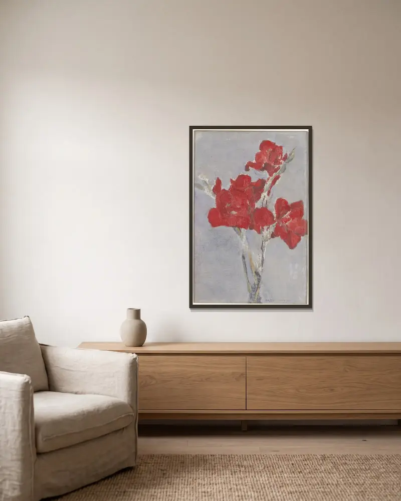 Röda gladioler av Piet Mondrian inramad på en vägg