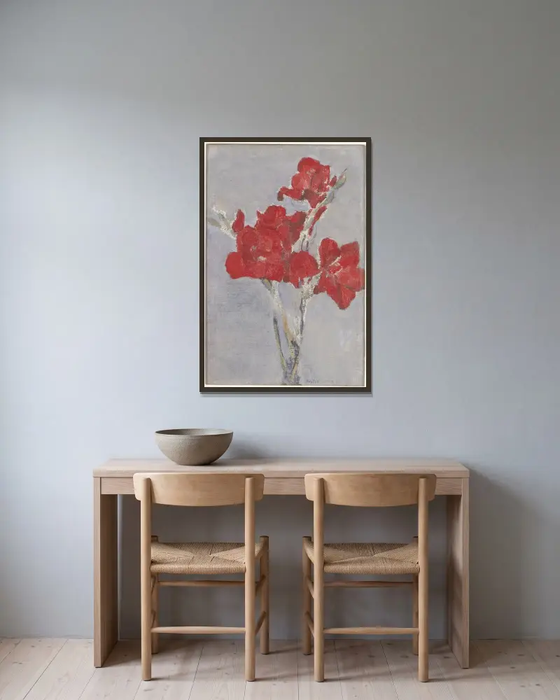 Röda gladioler av Piet Mondrian inramad på en vägg