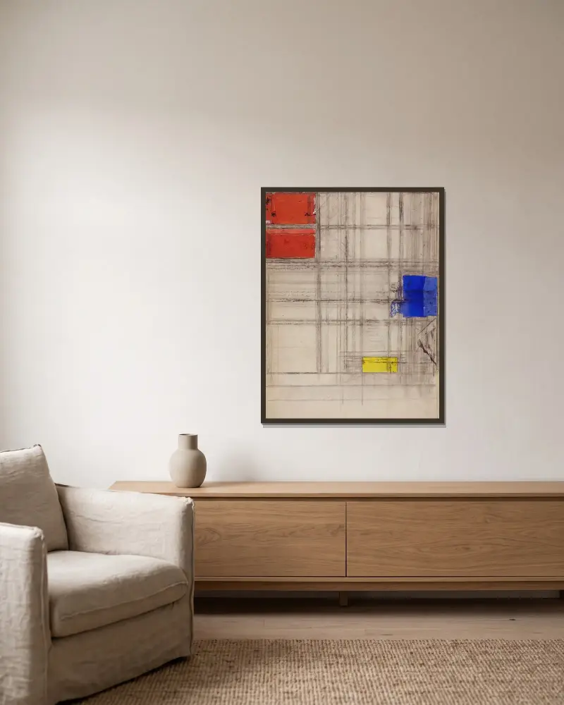 Studie till en komposition av Piet Mondrian inramad på en vägg