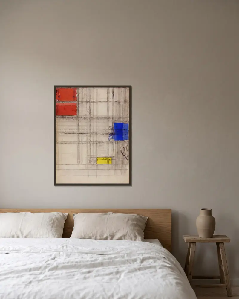Studie till en komposition av Piet Mondrian inramad på en vägg