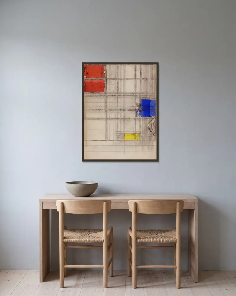 Studie till en komposition av Piet Mondrian inramad på en vägg
