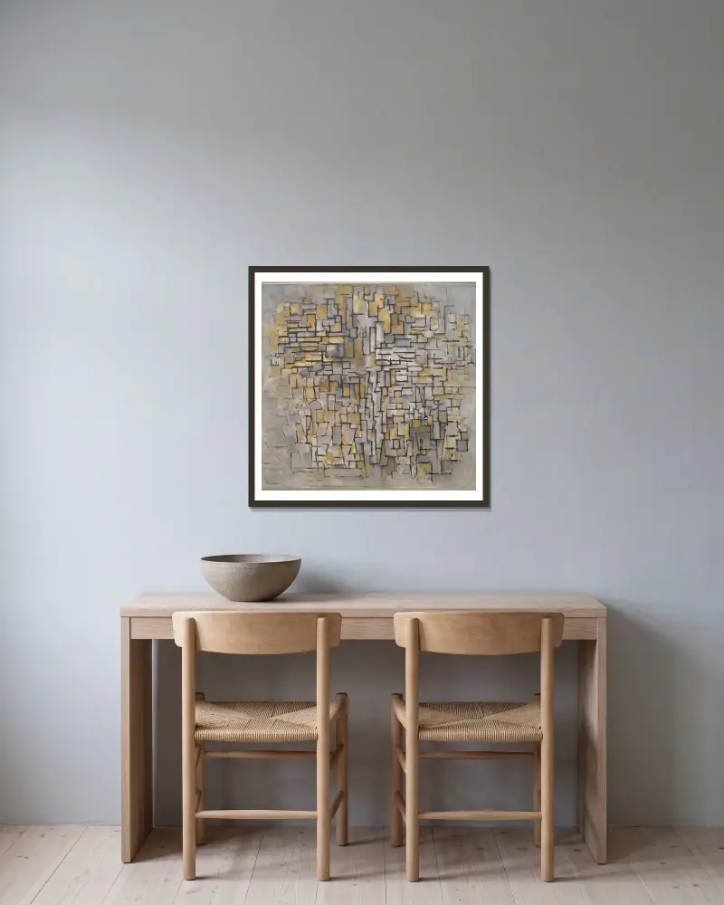 Tafel Nr. 2, Komposition Nr. VII von Piet Mondrian gerahmt an einer Wand