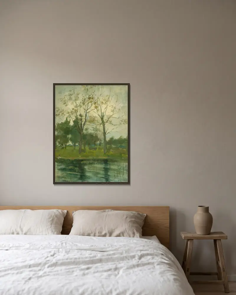 Two Trees Silhouetted Behind A Water Course av Piet Mondrian inramad på en vägg