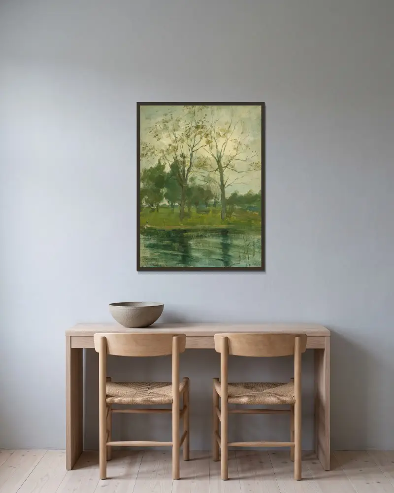Two Trees Silhouetted Behind A Water Course av Piet Mondrian inramad på en vägg