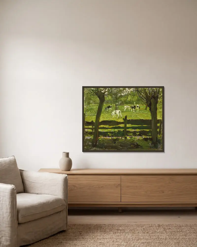 Kor på ängen av Piet Mondrian inramad på en vägg
