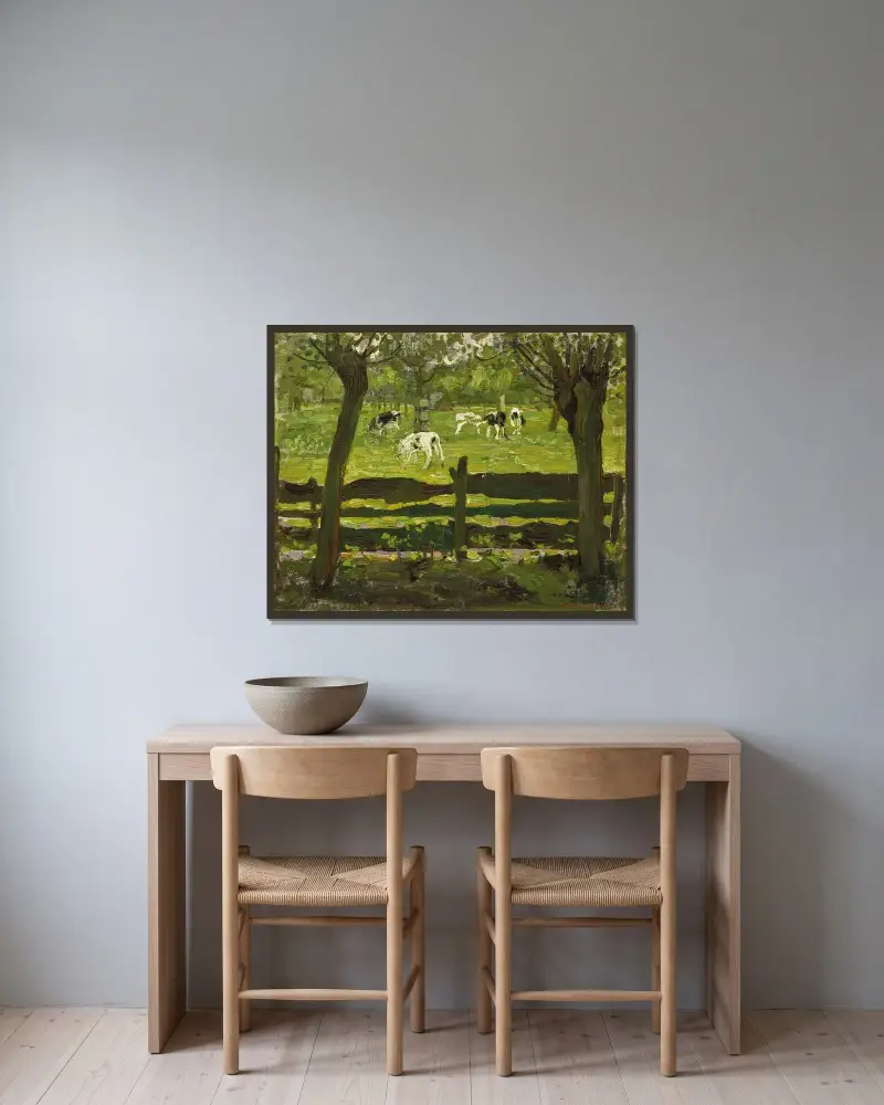 Kor på ängen av Piet Mondrian inramad på en vägg