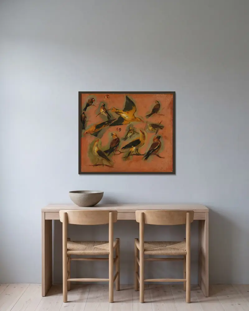 Stieglitz, Vögelstudie von Pieter Boel gerahmt an einer Wand
