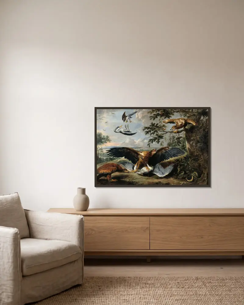 Kampf zwischen Adlern von Pieter Boel gerahmt an einer Wand