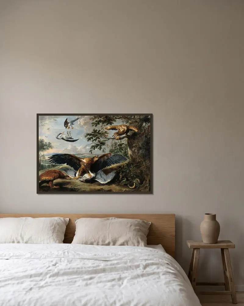 Kampf zwischen Adlern von Pieter Boel gerahmt an einer Wand