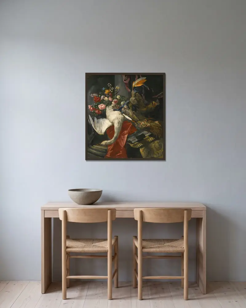 Stillleben mit Pfingstrosen, Rosen und anderen Blumen in einer Terrakottavase, zusammen mit einem Schwan, einem Pfau und einem Wildschweinskopf, auf einem roten Tuch und einem antiken Architekturfragment ruhend von Pieter Boel gerahmt an einer Wand