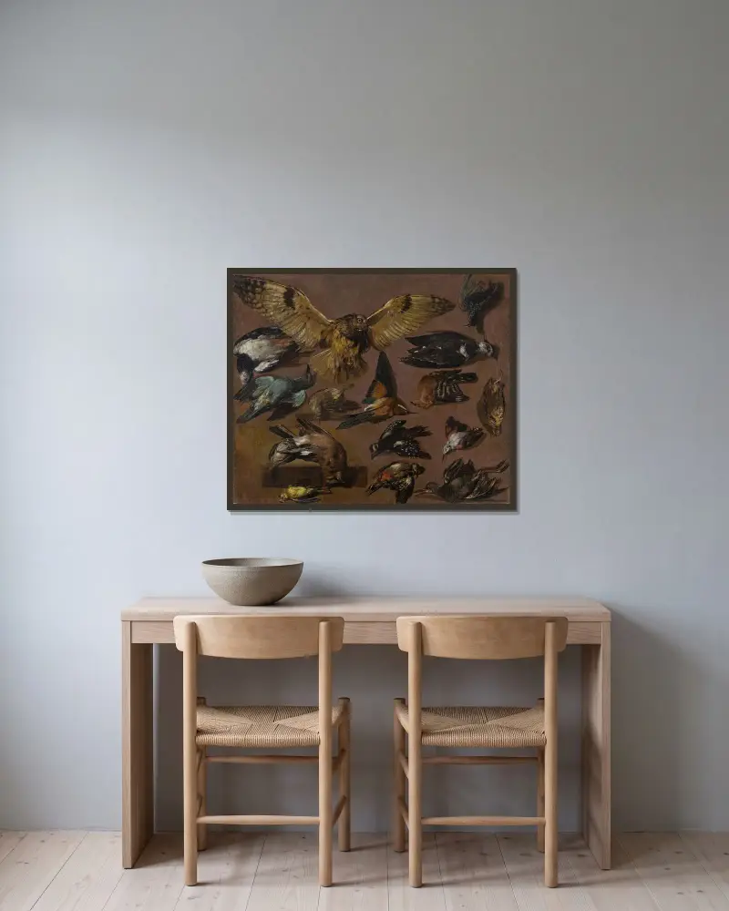 Studier av en uggla och andra fåglar av Pieter Boel inramad på en vägg