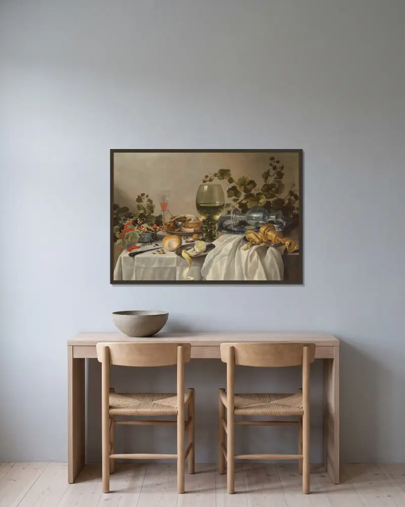 Ontbijt of silver and glassware on a draped table, with vines, fruits and baked goods av Pieter Claesz inramad på en vägg