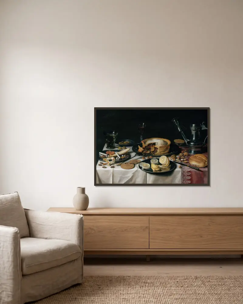 Still Life, 1625 av Pieter Claesz inramad på en vägg
