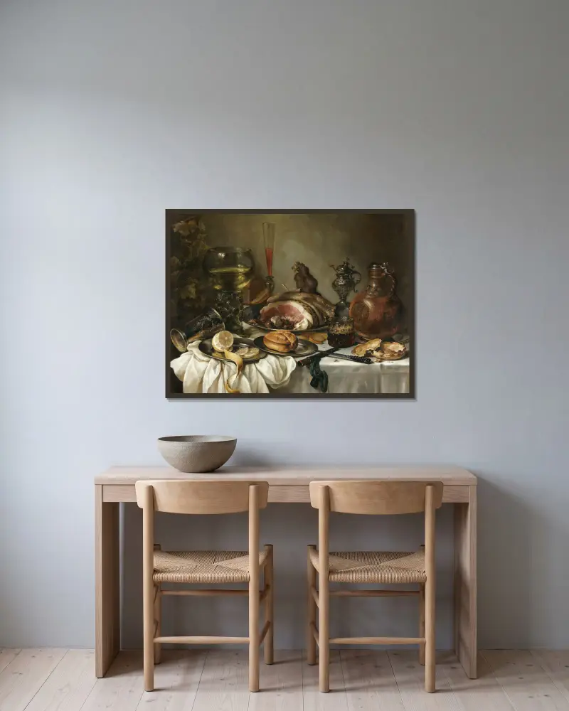 Still Life Of A Roemer, An Earthenware Jug, An Overturned Silver Beaker, A Ham And Other Objects Arranged Upon A Draped Table Top av Pieter Claesz inramad på en vägg