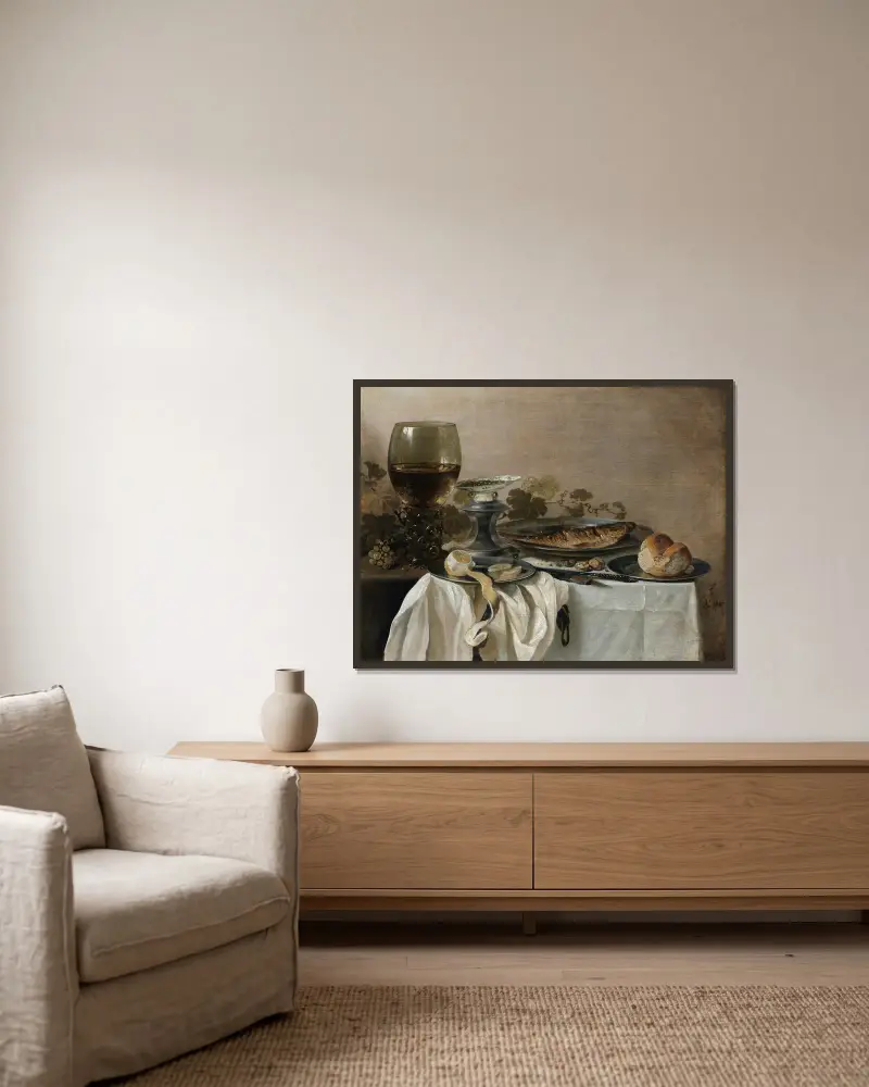 Still Life with a Fish av Pieter Claesz inramad på en vägg