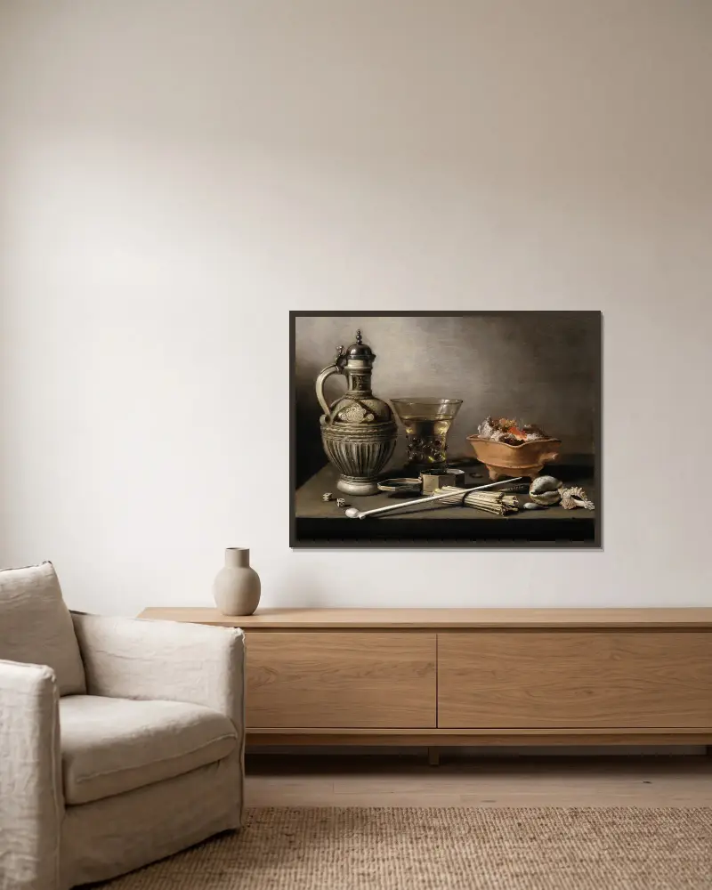 Still Life with a Stoneware Jug, Berkemeyer, and Smoking Utensils av Pieter Claesz inramad på en vägg
