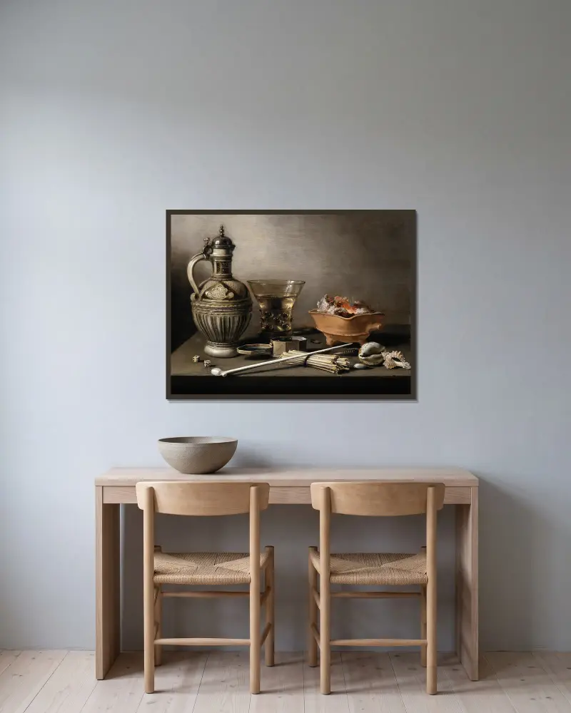 Still Life with a Stoneware Jug, Berkemeyer, and Smoking Utensils av Pieter Claesz inramad på en vägg