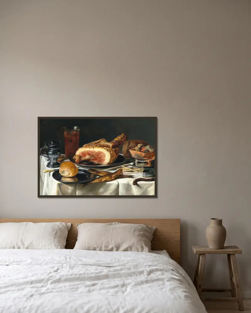 Still Life with Ham, 1625 av Pieter Claesz inramad på en vägg