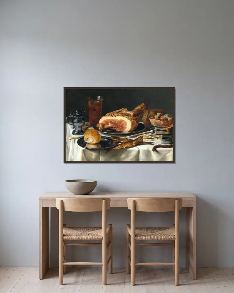 Still Life with Ham, 1625 av Pieter Claesz inramad på en vägg
