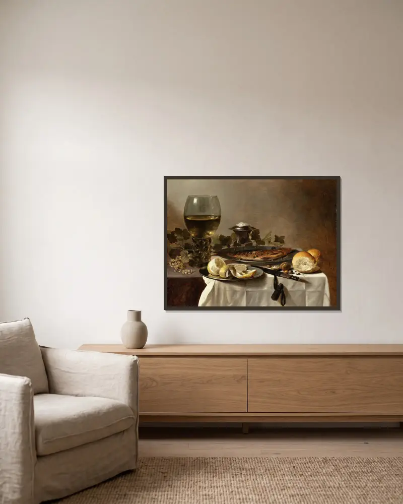 Still Life with Herring, Wine and Bread av Pieter Claesz inramad på en vägg
