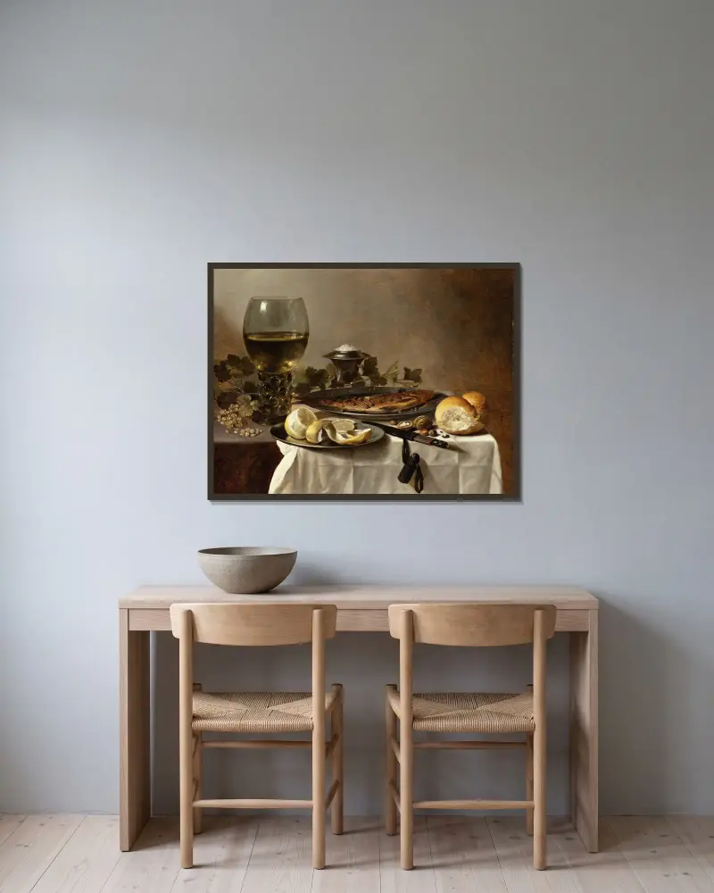 Still Life with Herring, Wine and Bread av Pieter Claesz inramad på en vägg