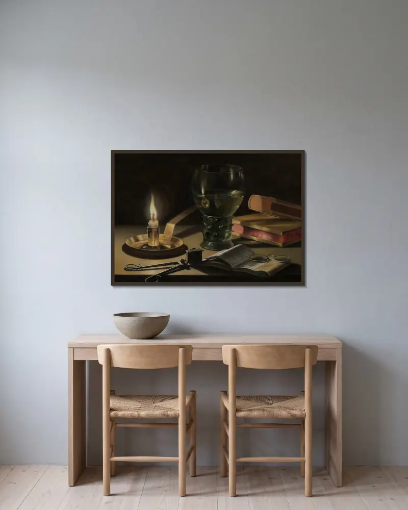 Still Life with Lighted Candle av Pieter Claesz inramad på en vägg