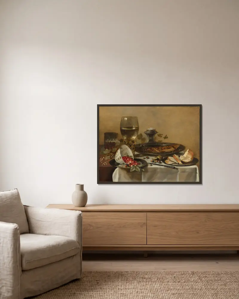 Still Life With Roemer, Smoked Herring, Walnuts, White Currants And Wild Strawberries av Pieter Claesz inramad på en vägg