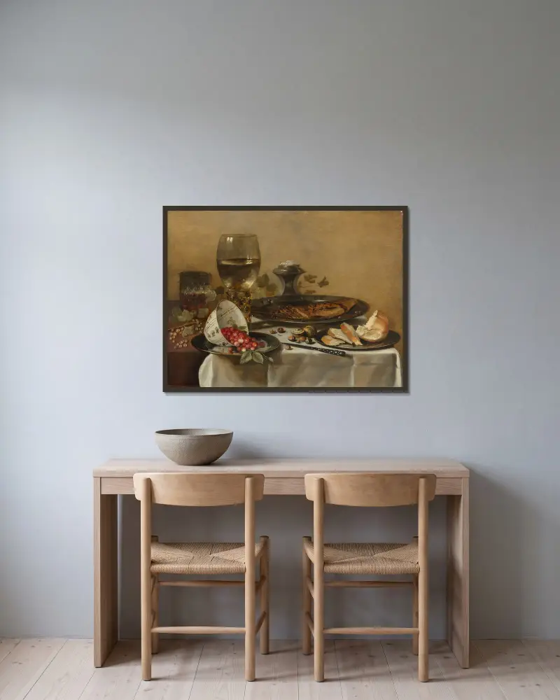 Still Life With Roemer, Smoked Herring, Walnuts, White Currants And Wild Strawberries av Pieter Claesz inramad på en vägg