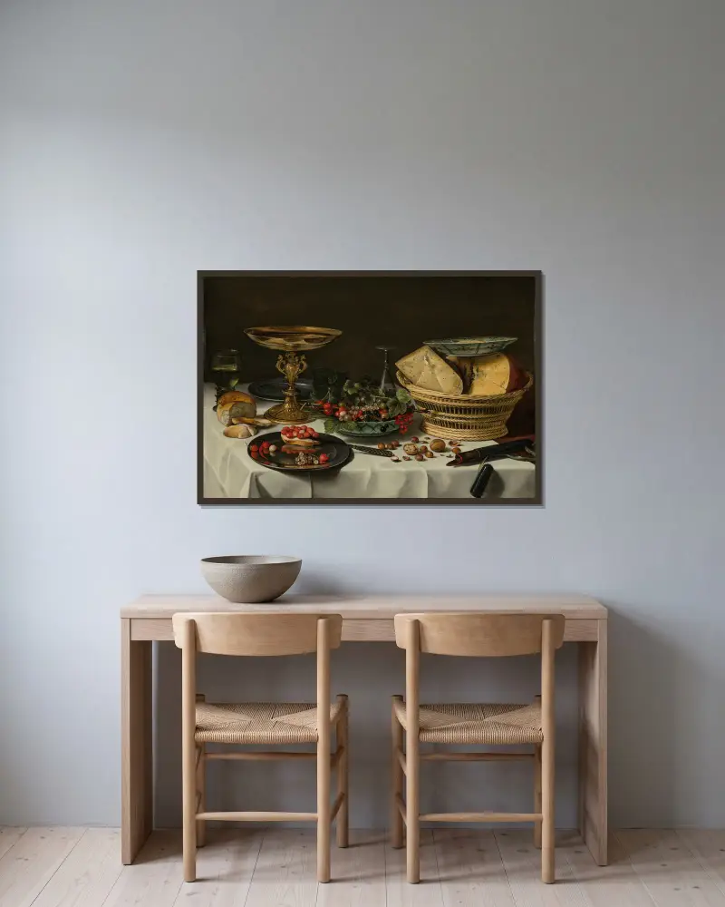 Smultron, vinbär och bröd på ett tennfat av Pieter Claesz inramad på en vägg