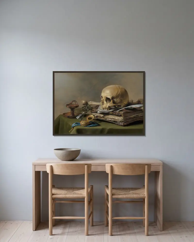 Vanitas Still Life av Pieter Claesz inramad på en vägg