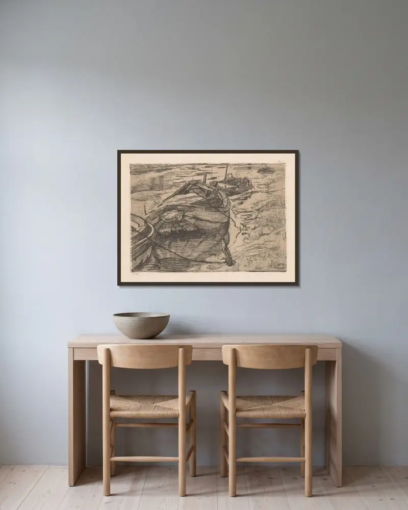 Förtöjda roddbåtar i en kanal av Pieter Dupont inramad på en vägg