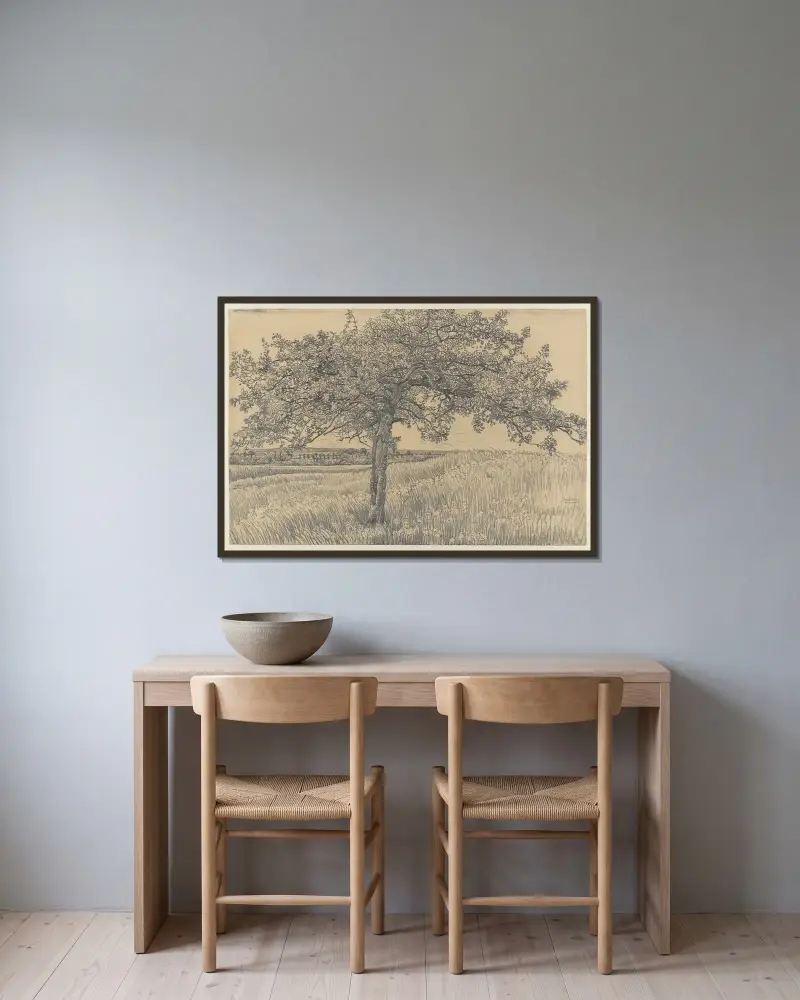 Apfelbaum in Landschaft von Pieter Dupont gerahmt an einer Wand