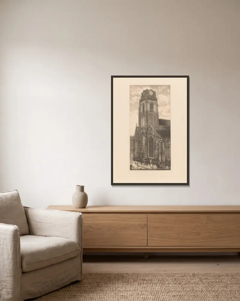 Grote of Sint-Laurenskerk in Rotterdam av Pieter Dupont inramad på en vägg