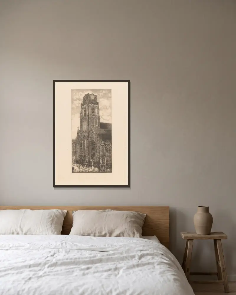Grote of Sint-Laurenskerk in Rotterdam av Pieter Dupont inramad på en vägg