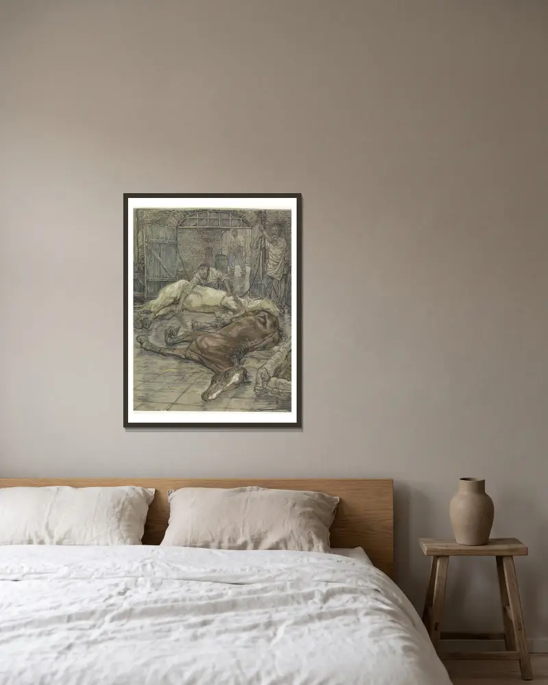 Het slachten van twee paarden av Pieter Dupont inramad på en vägg